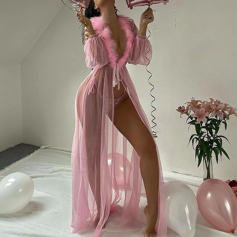 

Сексуальный комплект нижнего белья для взрослых, прозрачное Сетчатое однотонное платье с длинным рукавом и V-образным вырезом, пикантная од...