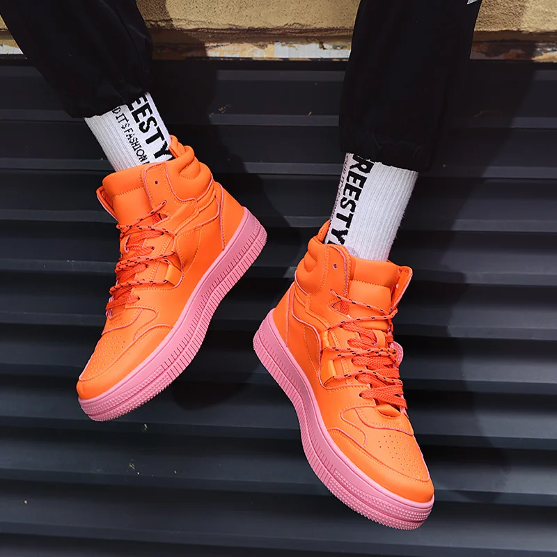 Microfiber Leather Skate Shoes Men Platform Sneakers Orange High-top Men's Skateboarding Shoes Casual Flat Designer Sneakers Men