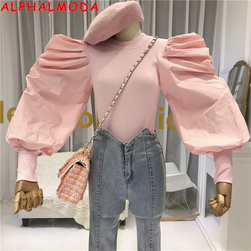 ALPHALMODA 2019 Autumn Knitted Jacket with Pleated Lantern Sleeve Women Design Personalized Sweater T-Shirts Patchwork Outfit | Женская