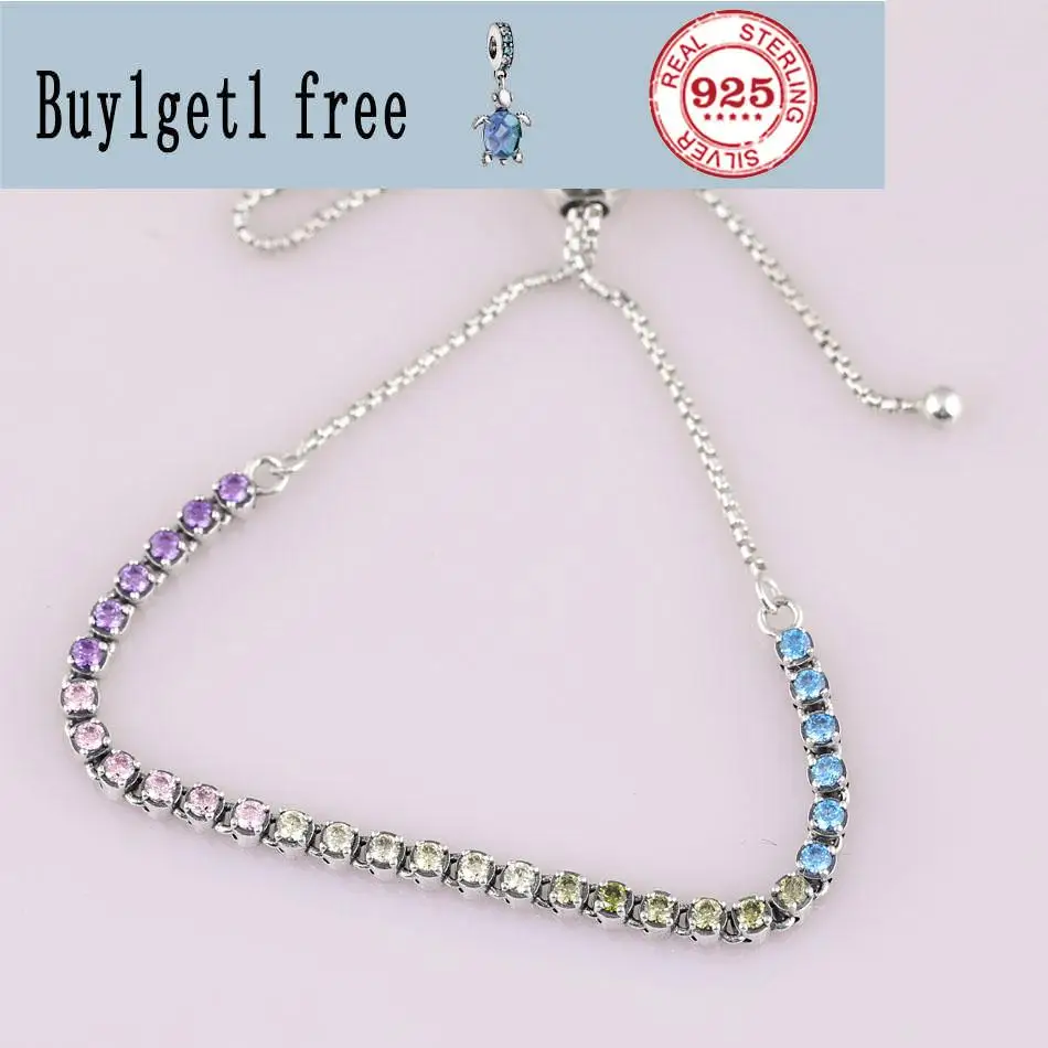 

Authentic 925 Sterling Silver Rainbow Tennis Sparkling Strand Adjust pan Bracelet Bangle Fit Bead Charm Diy Jewelry