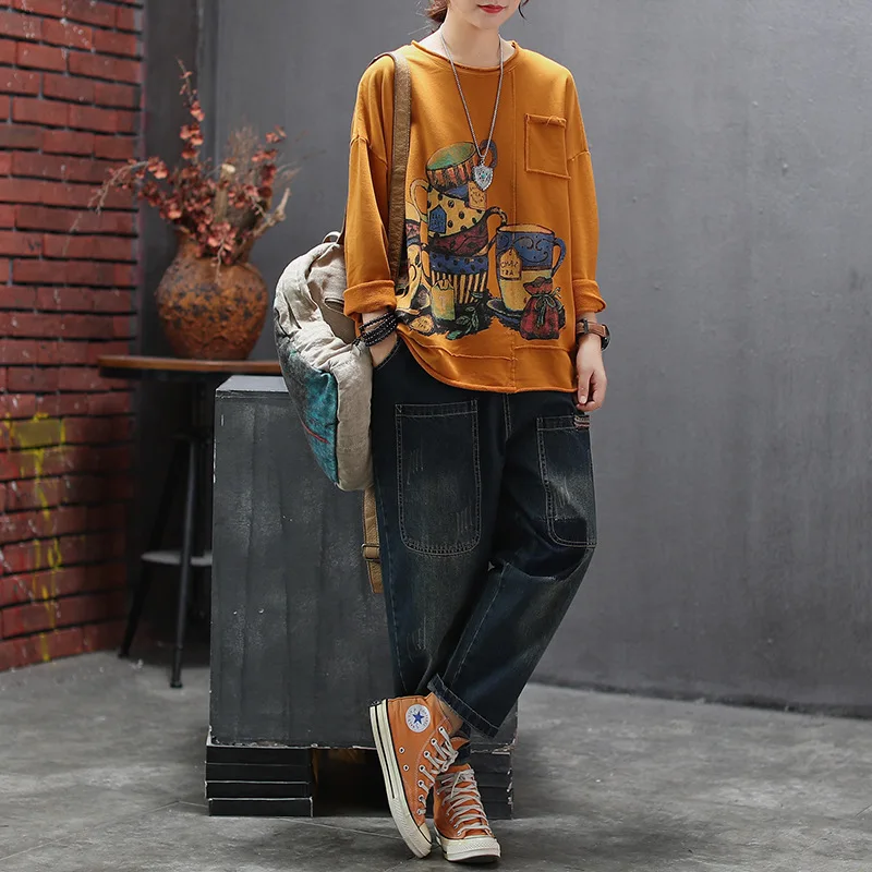 Осенняя футболка Женская Ретро свободные пуловеры большого размера 2019 новые