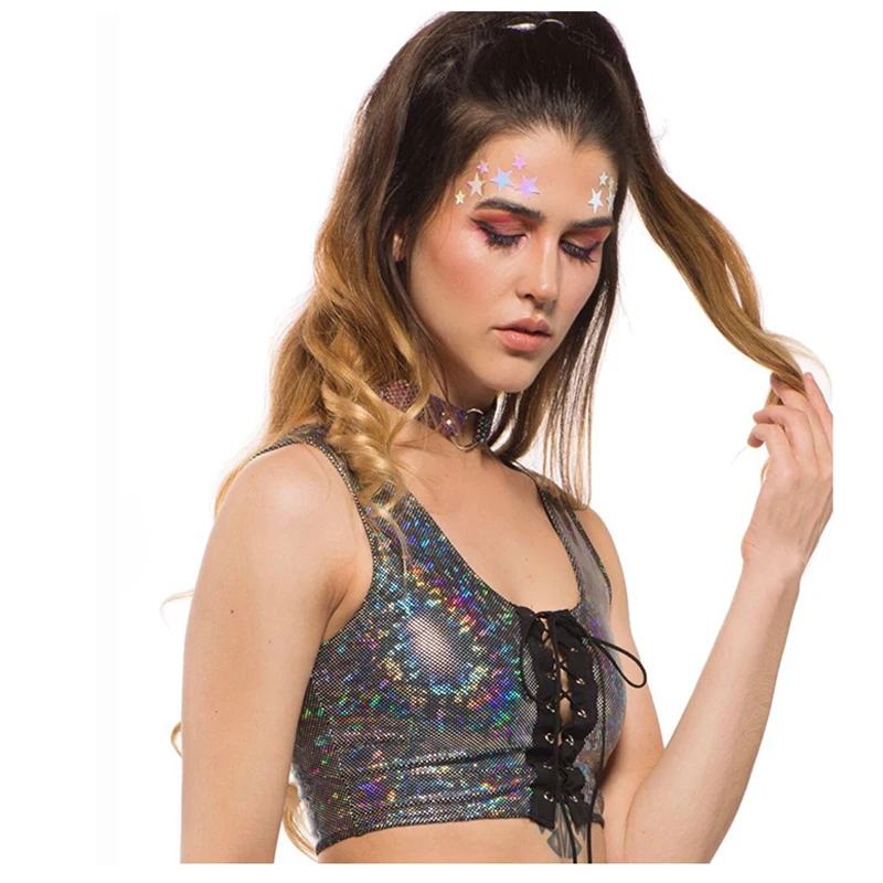 Женская праздничная одежда голографический укороченный топ пикантный кружевной