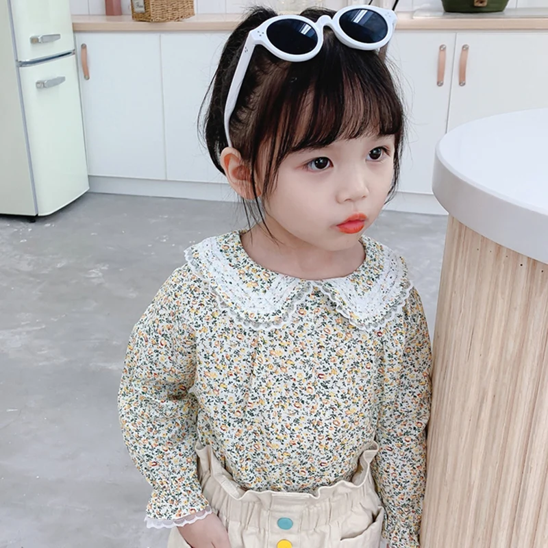 

Bobora Children's Lace Tops Girls Sweet Cotton Floral Lapel Shirts Kids Fashion Turn-down Collar Chiffon Blouses Tops Shirts