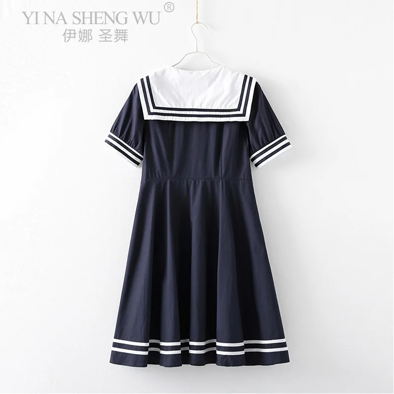 

Women Dress Summer New Japanese Navy Collar Short Sleeve Sweet Bow High Waist JK Sailor College Style Dress School Girl Uniform