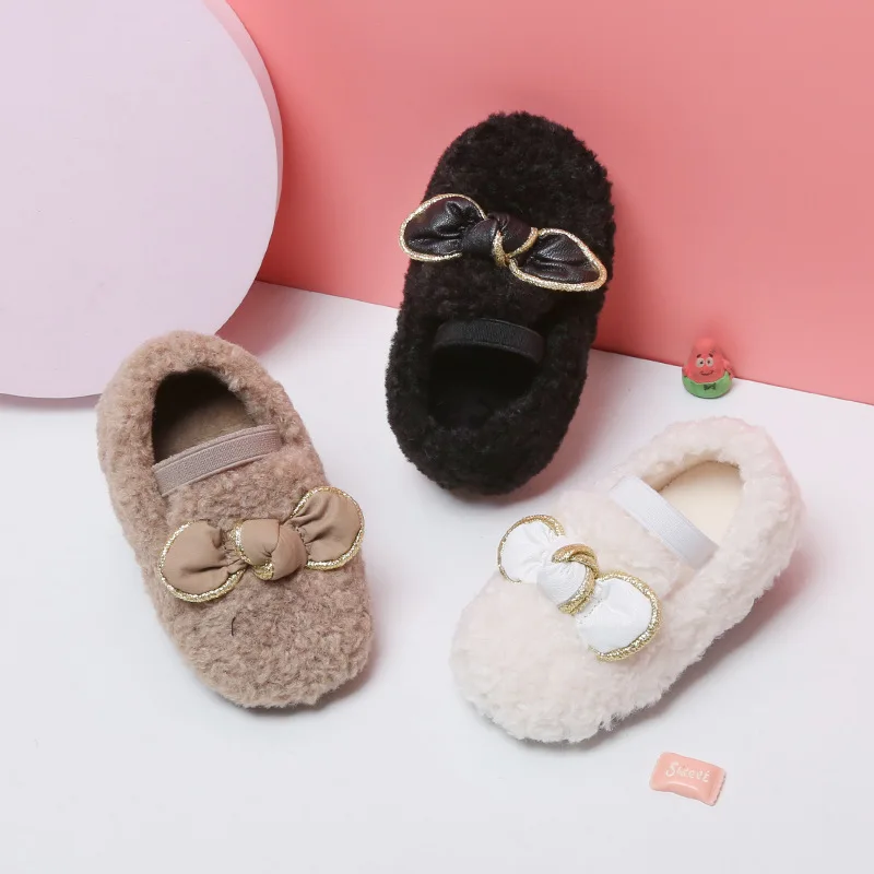 

Toddler Baby Girls Autumn Winter Shoes Lambswool Bowknot Slip On Flat Slipper Soft Sole Warm Anti-slip Shoe For Children
