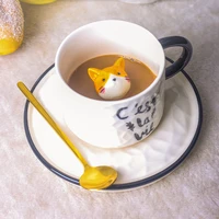 cartoon relief ceramic cup small animal mug cat coffee cup with cup dish household milk cup coffee mug mug mugs coffee cups