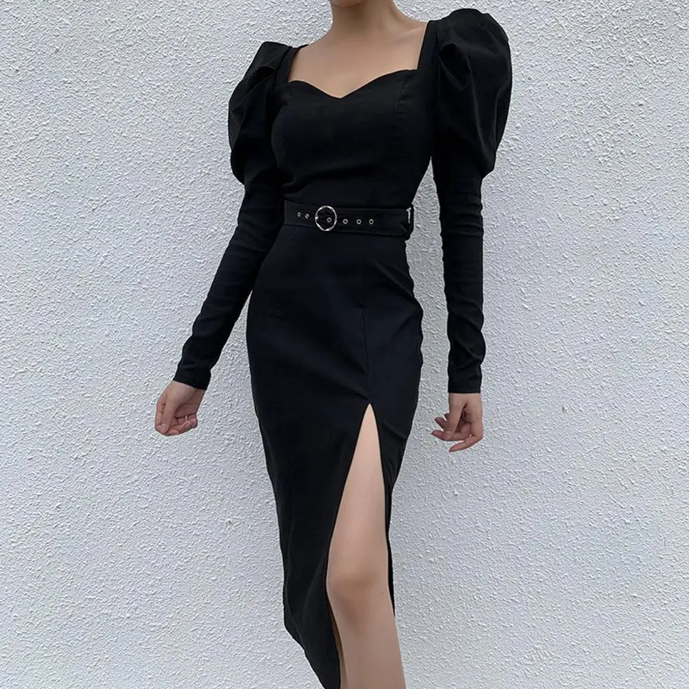 Женское платье с разрезом однотонное черное поясом длинными рукавами фонариками