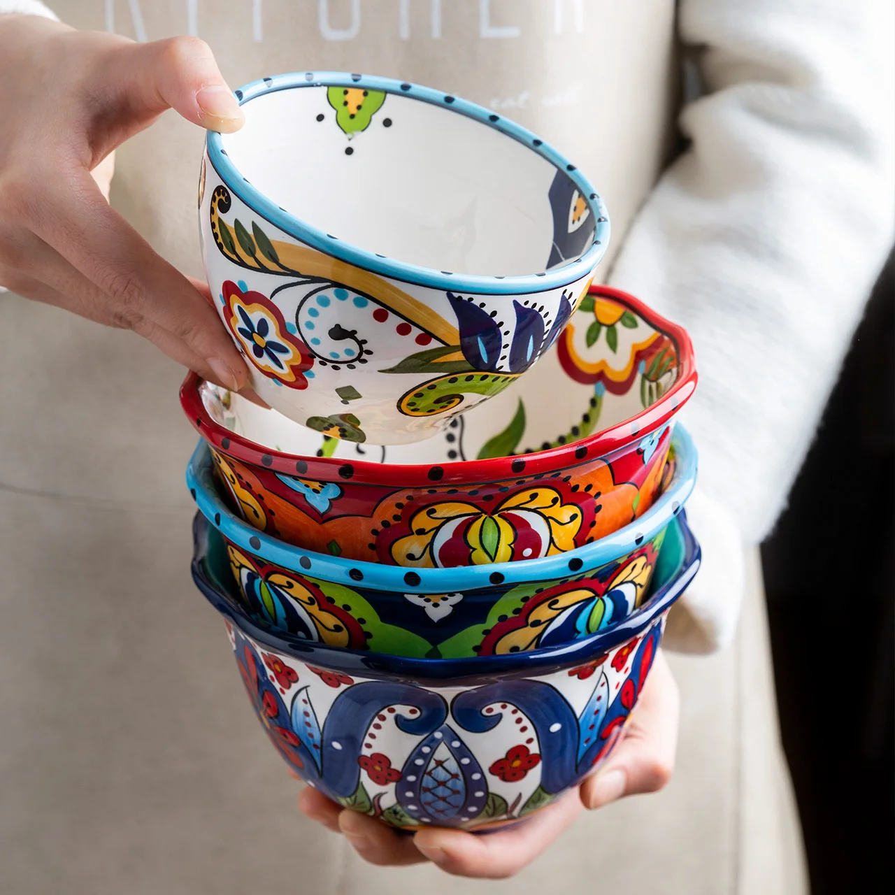 

4.75/7inch Bohemia Ceramic Salad Bowl Hand Painted Dessert bowl Rice Noodles Breakfast Bowls Kitchen Tableware Tool