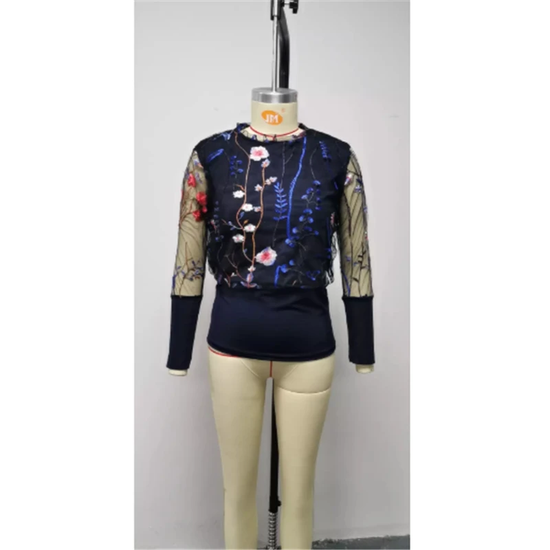 

Sexy Women Ladies Puff Mesh Sleeve Tops Flower Embroidery Lace Pullover Blouse Loose Jumper Tops