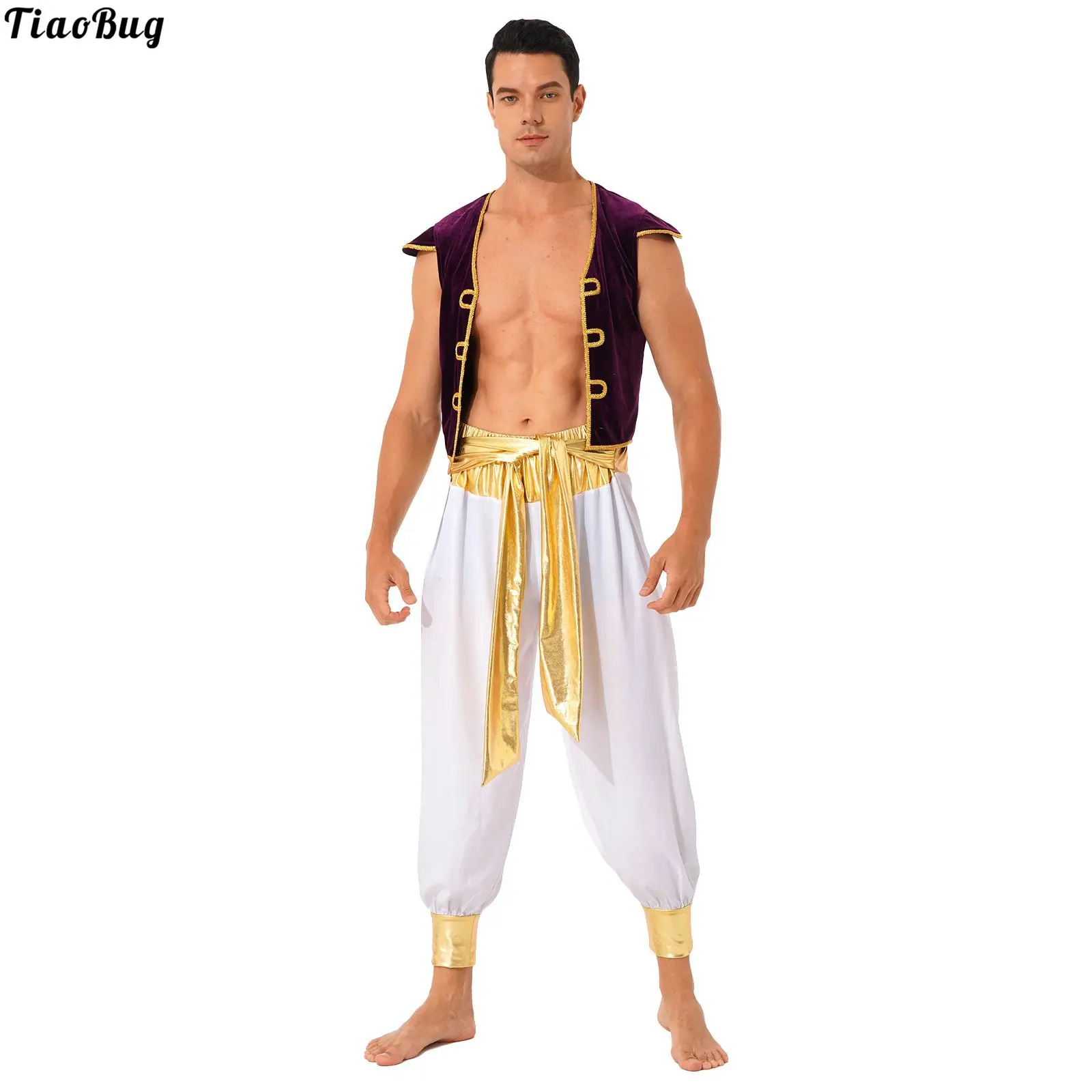 

Men Arabian Prince Role Play Costume Halloween Fancy Dress Ball Outfits Cap Sleeve Vest Waistcoat With Belted Bloomers Pants