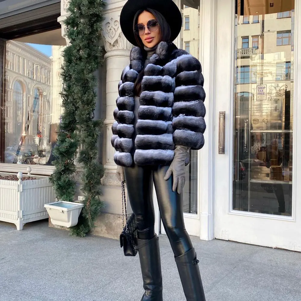 Winter Women Natural Rex Rabbit Fur Coat Stand Collat 2022 New Trendy Woman High Street Full Pelt Genuine Rex Rabbit Fur Jacket