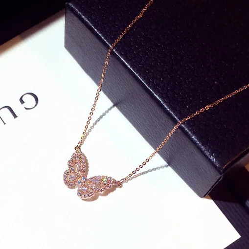 

MOFLO 2020 Luxury Shiny Crystal Butterfly Choker Necklace Brass Rose Gold Plated Zircon Butterfly Pendant Necklace for Girls