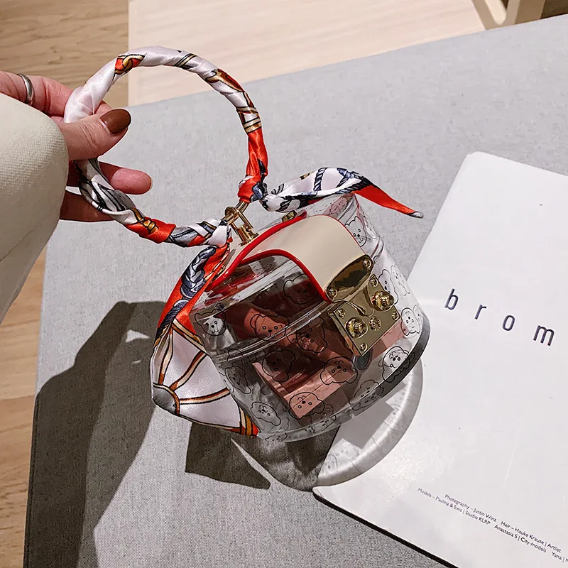 Fashion Transparent Plastic Gold Ring Scarf Top Handle Women Handbag Tote Bag Shoulder Bags Party Purse Clutch Evening Hanbag | Багаж и