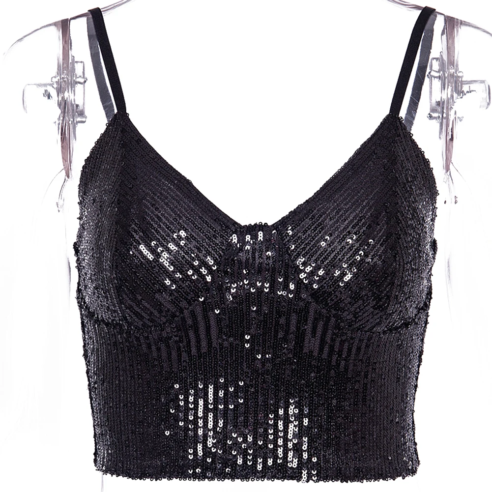 Новый женский жилет с блестками на бретельках однотонный топ глубоким v-образным