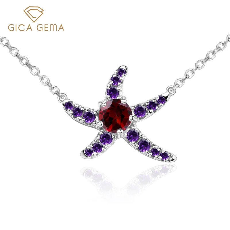 

GICA GEMA 925 серебряное ожерелье с натуральным гранатом драгоценный камень в виде морской звезды Форма кулон ожерелье ювелирные изделия для жен...