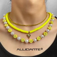 3 pcs yellow smiley face round pearl choker clay beaded necklace for women golden heart pendant crystal necklace party jewelry