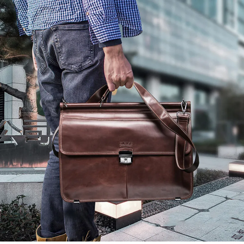 

Genuine Leather business men's briefcase large capacity 17" laptop bag male handbags multifunctional men Commuter bags Cowhide