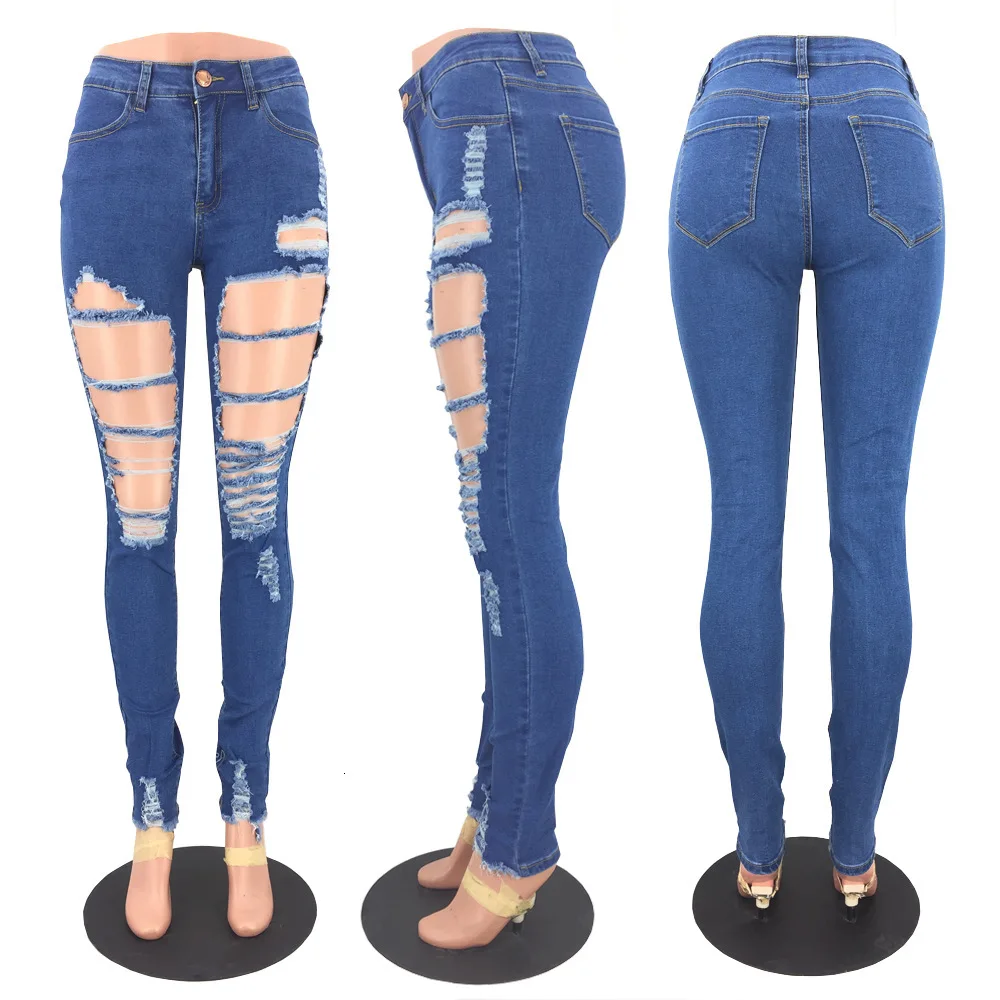 Летние женские джинсы 2019 рваные тонкие деним обтягивающие с большими дырками