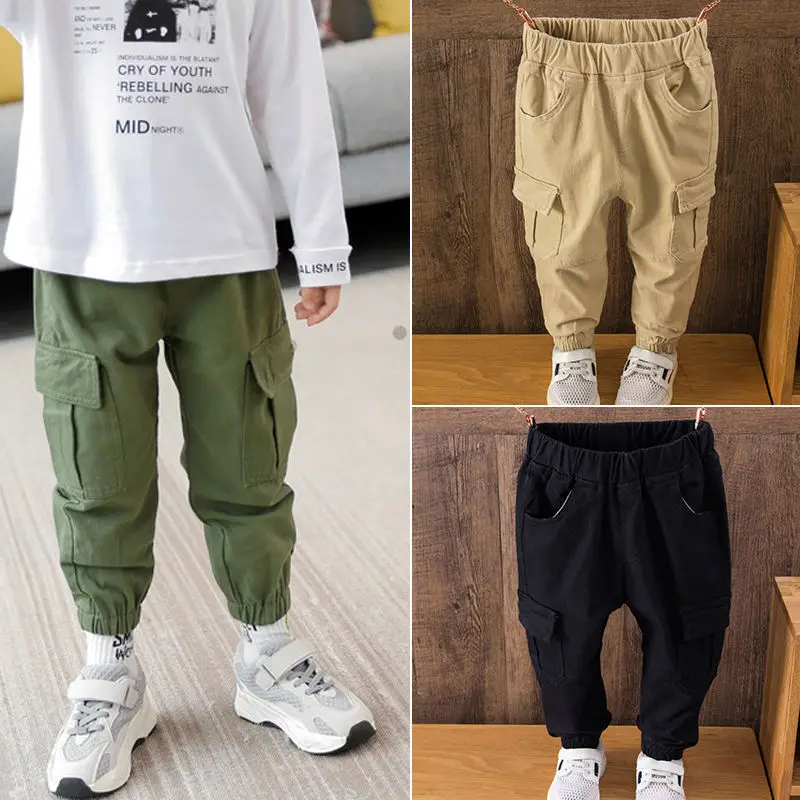 

Spring boy straight pants kids overalls baby solid pockets trousers baby boys Casual clothing toddlers black green biege pants