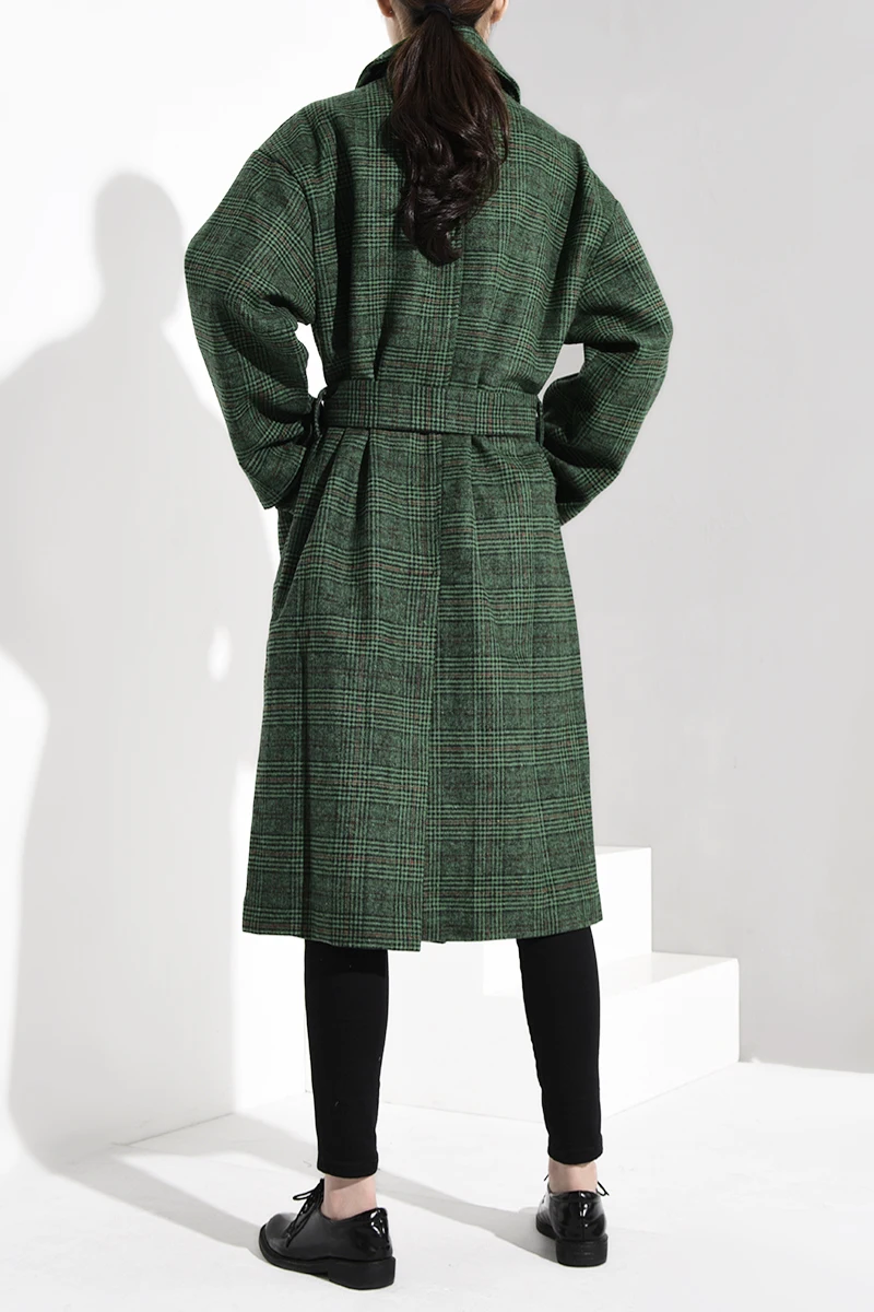 LANMREM 2018 модное осеннее двубортное повседневное свободное зеленое клетчатое