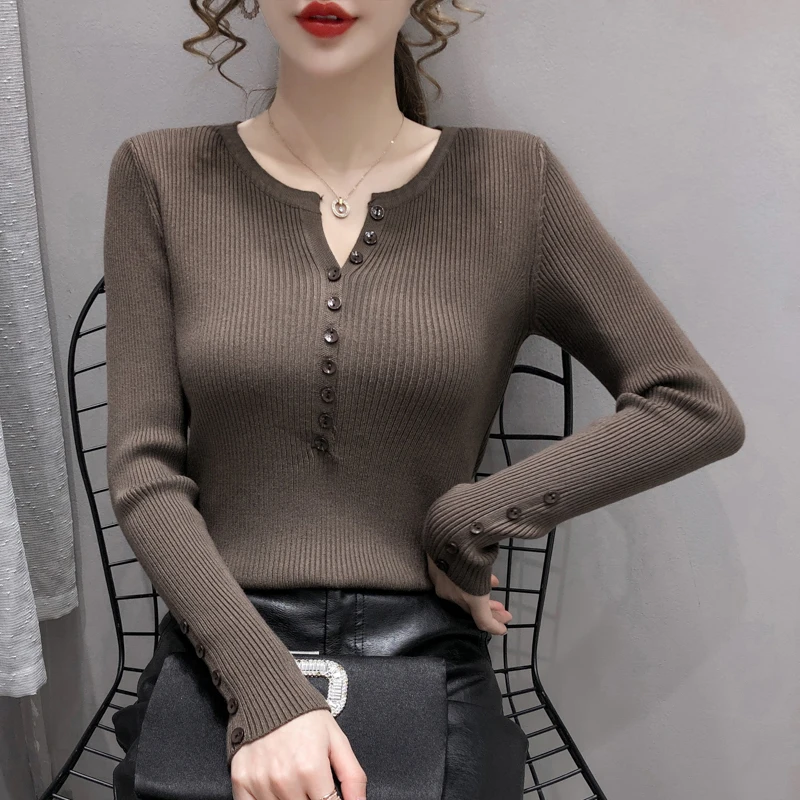 

2020 Autumn New Korean Women Sweater Irregular Neck Buttons Long Sleeve Pullover Viscose Knitting Sliming Based Top Good Quality