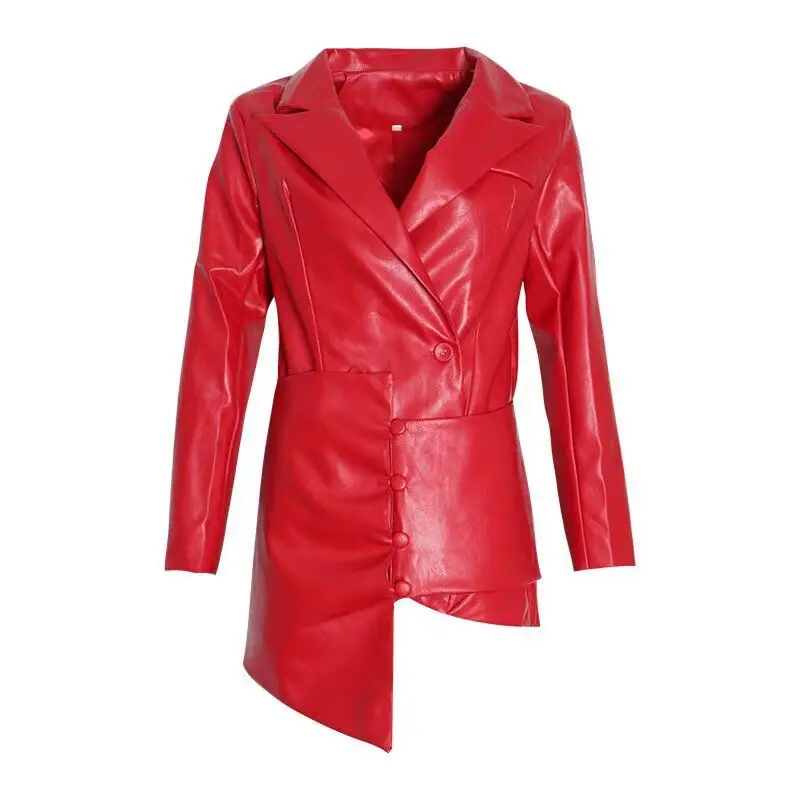 WHITNEY WANG Autumn Winter Fashion Streetwear Asymmetrical PU Jacket Women Faux Leather Jacket Coat Outerwear - Цвет: Красный
