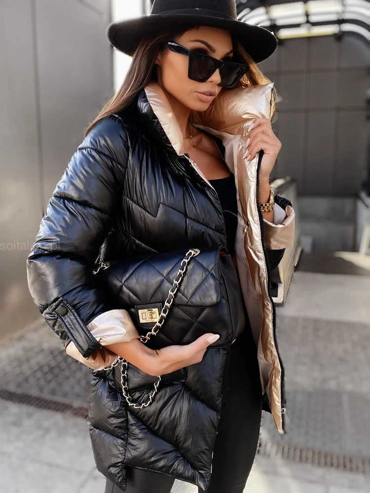 2021 Women Oversized Winter Parka Cotton Padded Warm Coat Stand Collar Patchwork Jackets Female Outerwear Coats Puffer Jacket