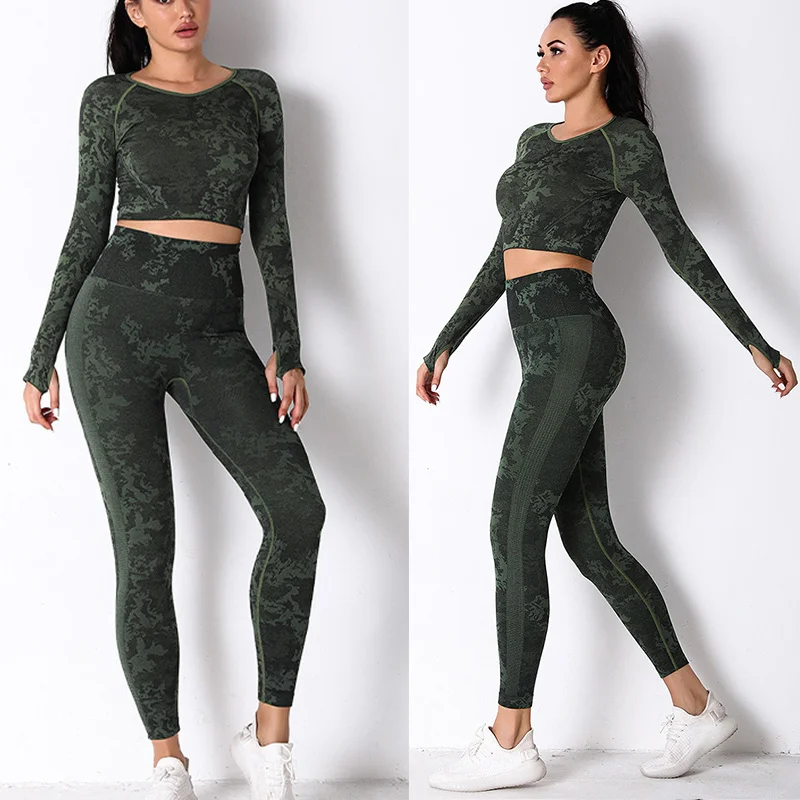 

Seamless Yoga Sets Women Gym Clothing Camouflage Long Sleeve Shirts High Waist Running Leggings Fitness Suit Workout Sportswear