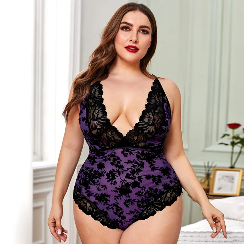 

Women Sets Pajama Deep V Lace Floral Patchwork Sleepwear One Piece Set Lingerie Home Suit Loungewear Plus Size