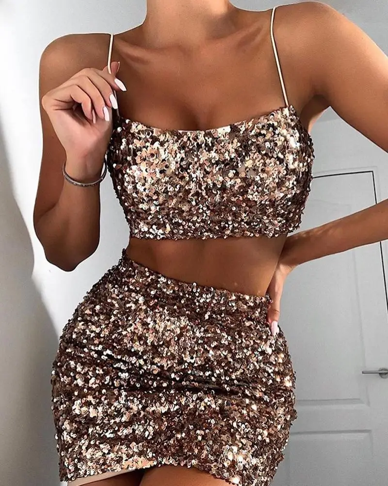 Sequins Spaghetti Strap Crop Top& Slinky Skirt Sets
