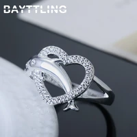 bayttling aaa zircon silver color 78 cute heart shaped dolphin ring for women fashion wedding jewelry gifts