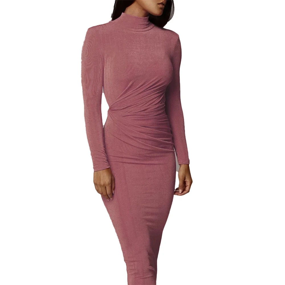 

Winter Turtleneck Long Sleeved Pencil Dresses Lady Party Nightclub Skinny Hollow Out Dresses Khaki Ruched Asymmetry Robe Longue