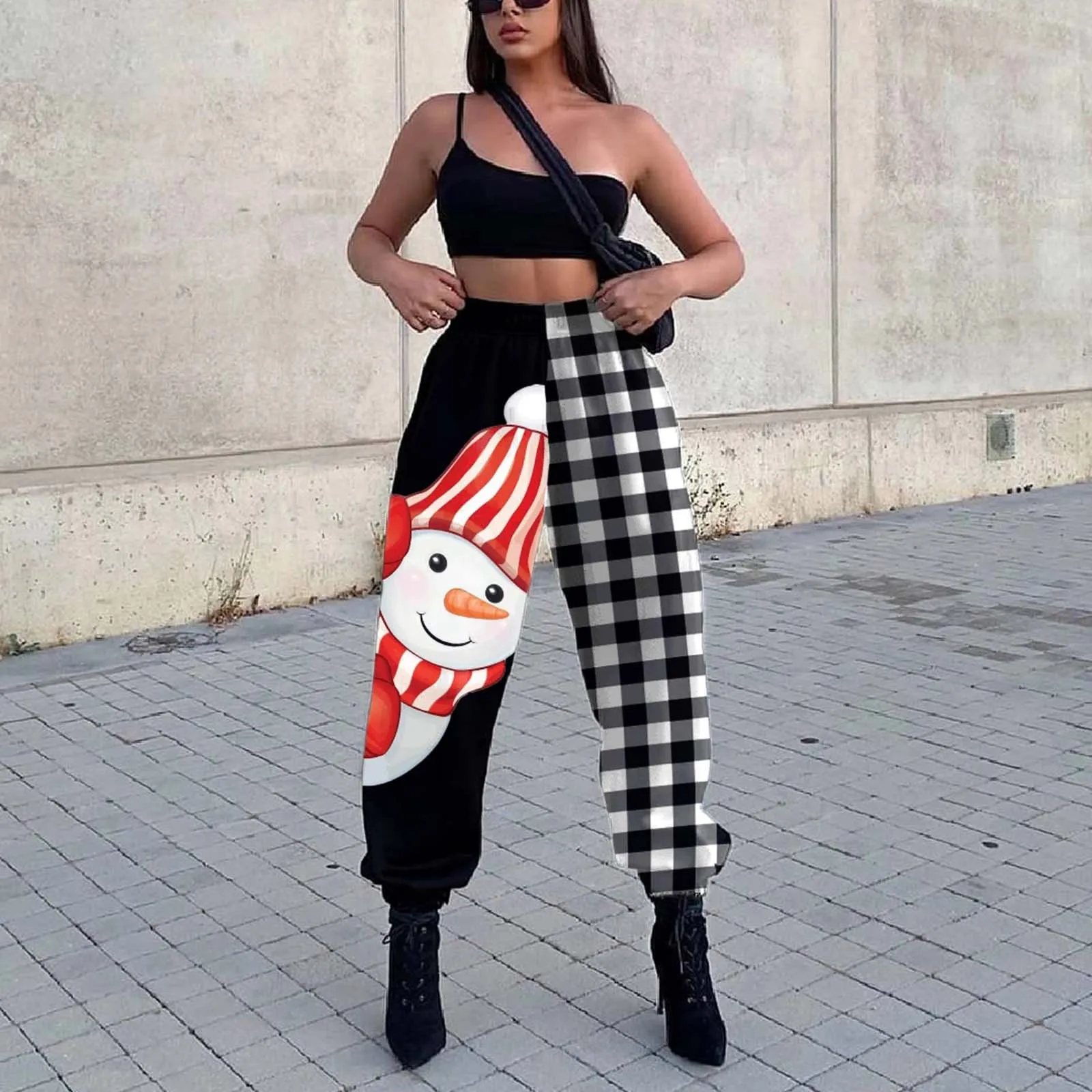 

Ladies Christmas Ankle Banded Pants Autumn Girls Leisure Style Snowman Moon Star Printing Splicing Casual Long Harem Trousers