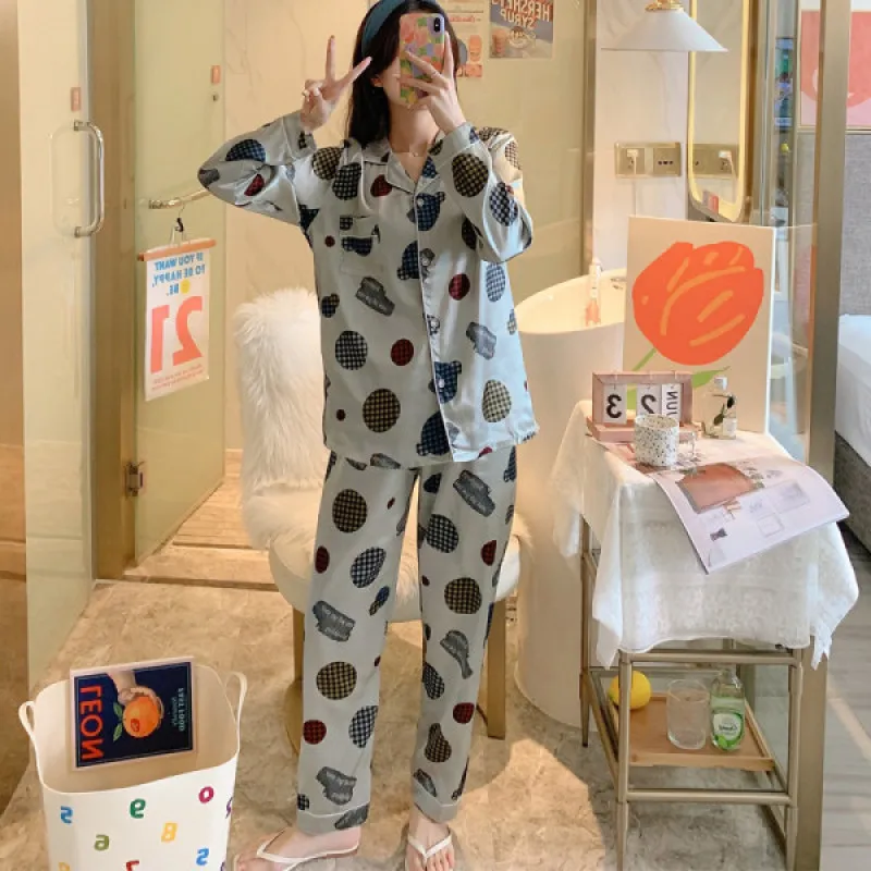 Пижама женская с отложным воротником и длинным рукавом на осень весну женское из