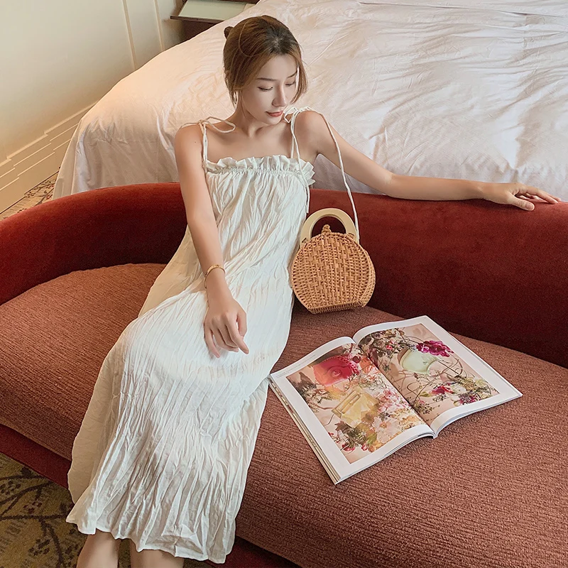 

COIGARSAM Beach Style Women dress Summer Spaghetti Strap Dresses White 8802