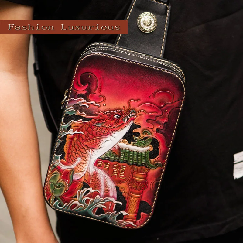 Кожаная нагрудная сумка ручной работы унисекс сумочка на плечо из парчовой кожи