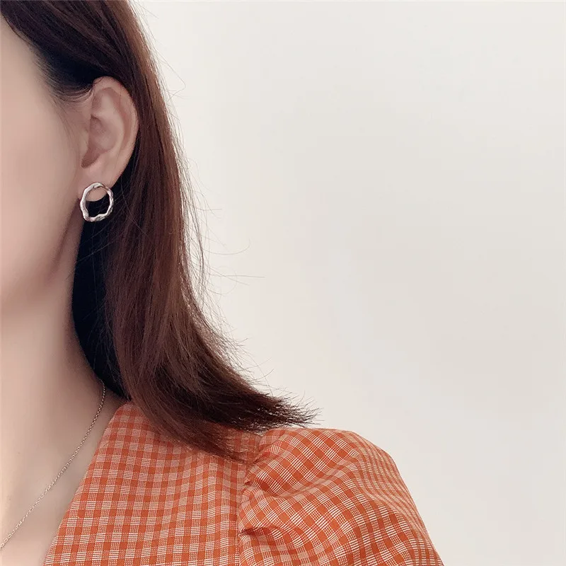 

POFUNUO Women 925 Sterling Silver Irregular Big Circle Stud Earrings Original hollow design Female Minimalist European Earrings