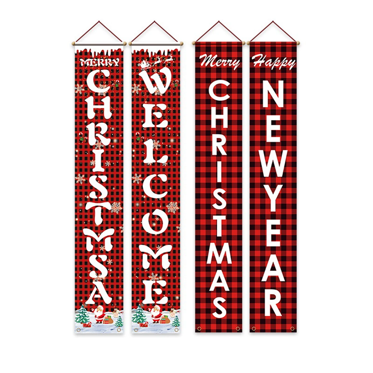 

Christmas Banners 3Pcs Couplet Red Buffalo Check Plaid New Year Porch Banners Front Door Sign Decorations for Home Door