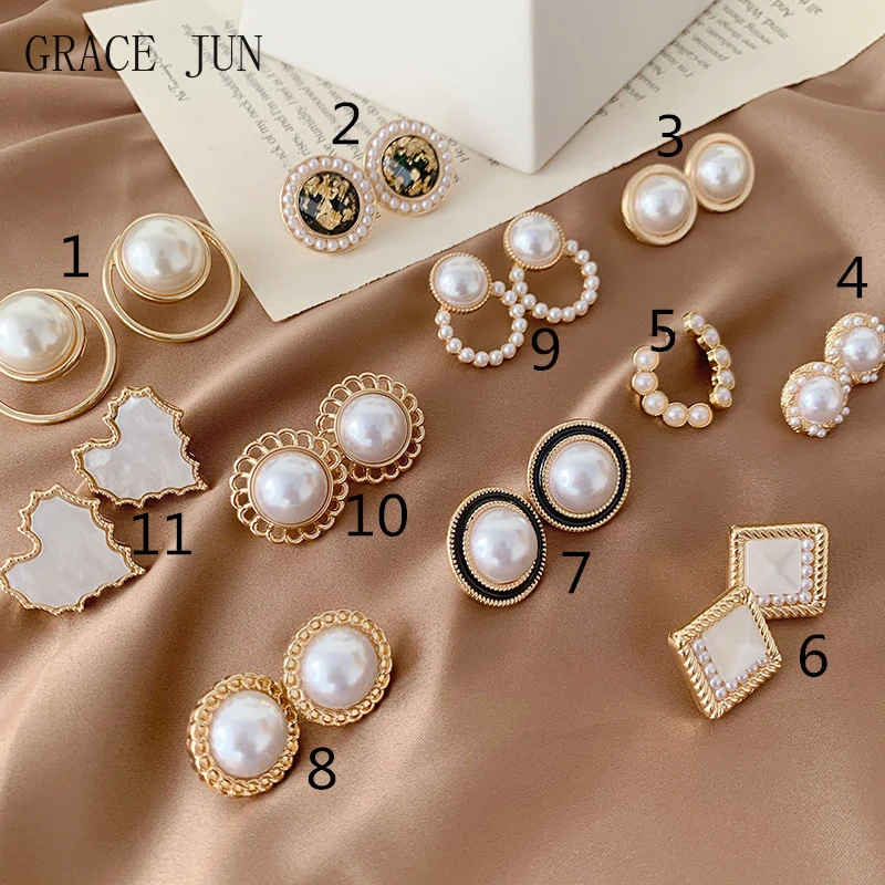 

GRACE JUN Fashion Simulated Pearl Geometric Heart Clip on Earrings No Pierced for Women Girl Fake Piercing Gold Color Ear Clip