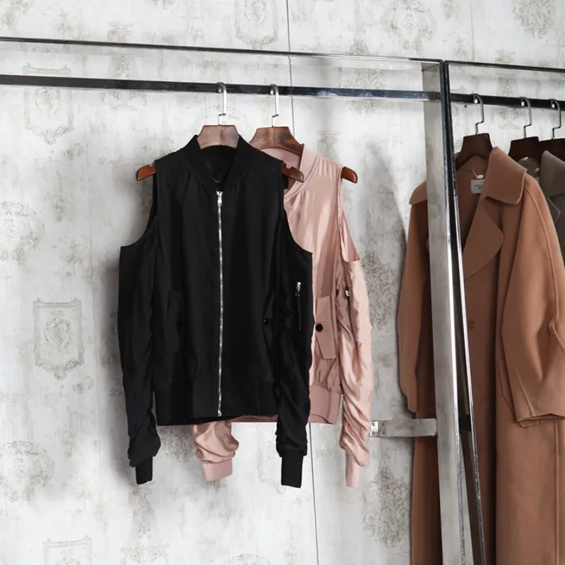

Fashion Off Shoulder Stand Collar Long Sleeve Bomber Jacket Women Pink Black Loose Fit Zip Casual Thin Section Autumn Jackets