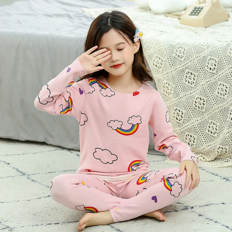 

Seamless Pajamas Sets for Boys Girls Thermal Underwear Kids Rainbow Printed Pyjamas Baby Winter Warm Sleepwear Children Clothes