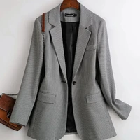 peonfly vintage double breasted office ladies plaid blazer loose single button coat jacket women blazers female plus size
