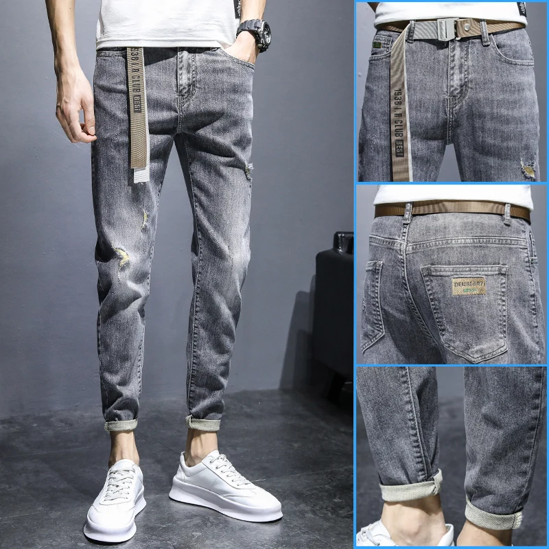

Black ash soft jeans men's brand 2021 summer thin han edition nine points stretch feet hole cultivate morality pants