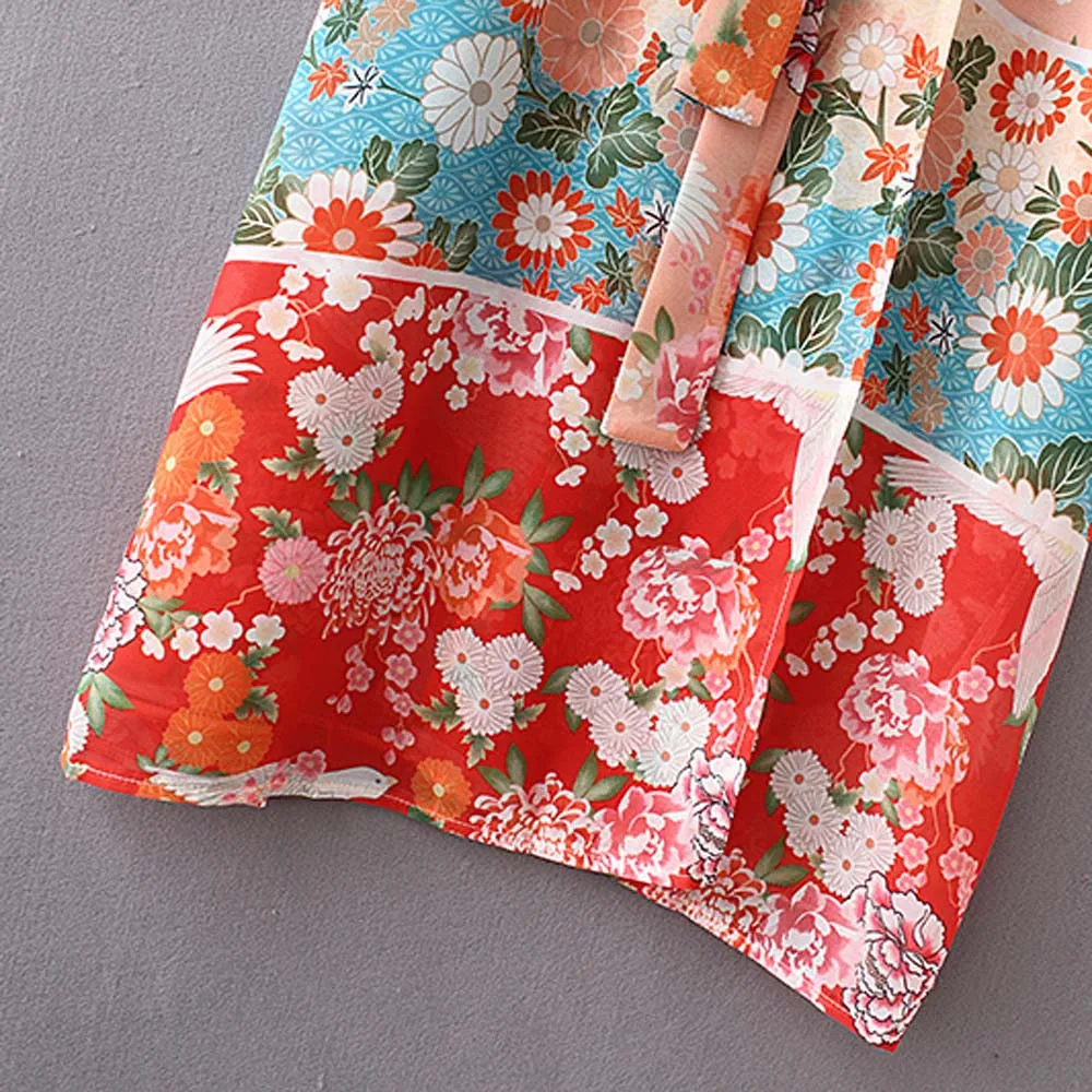 Летняя женская шифоновая блузка с цветочным принтом кимоно поясом Пляжная