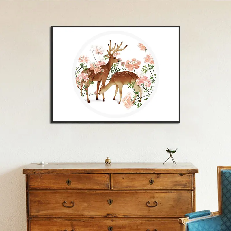 

Deer Bian Flower Peach Blossom Poster Nordic Style Wall Art Canvas Print Painting Modern Living Room Decoration