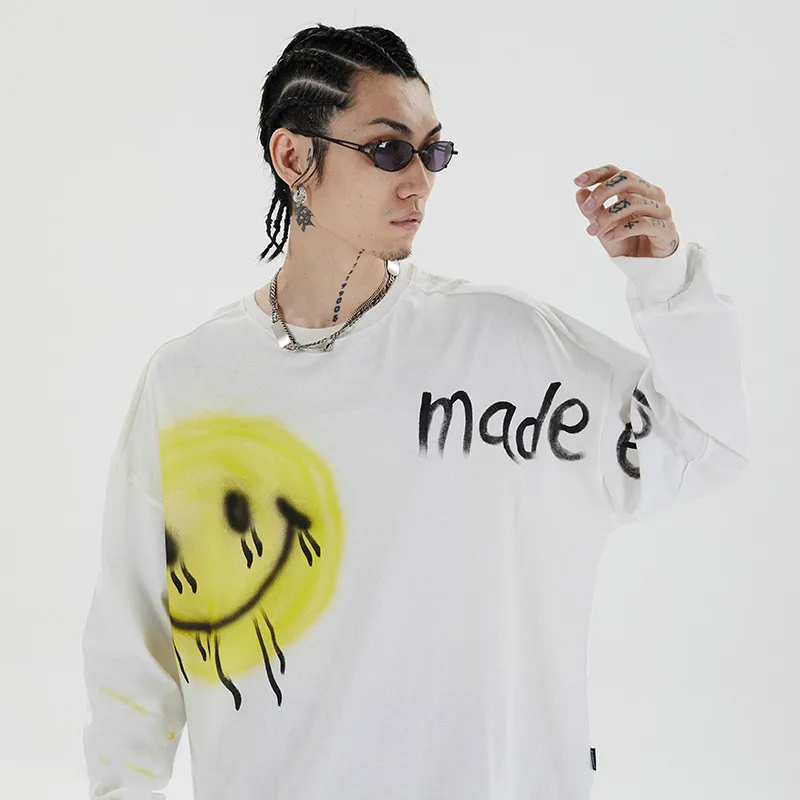 Футболки мужские с принтом в виде смайликов и надписей длинными рукавами стиле