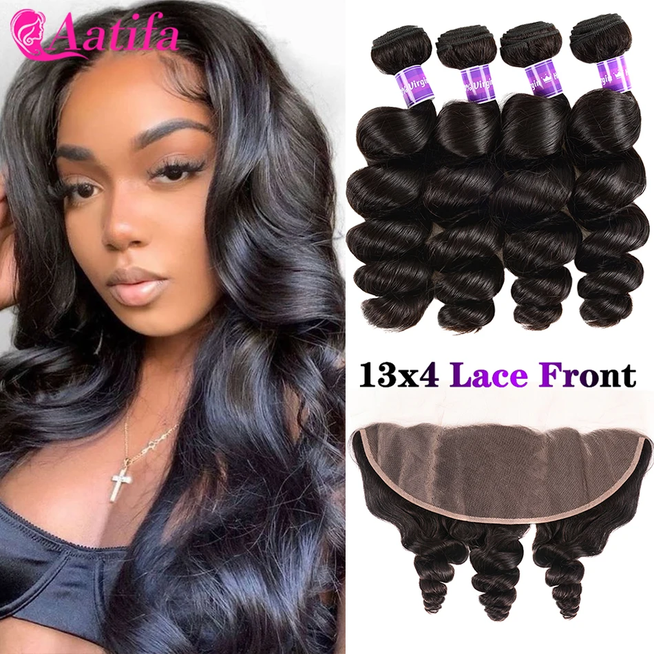 

Loose Wave Human Hair Bundles With Closure Peruvian Rmey Hair 2/3 Bundles With 13*4 Middle Part Frontal Aatifa Hair