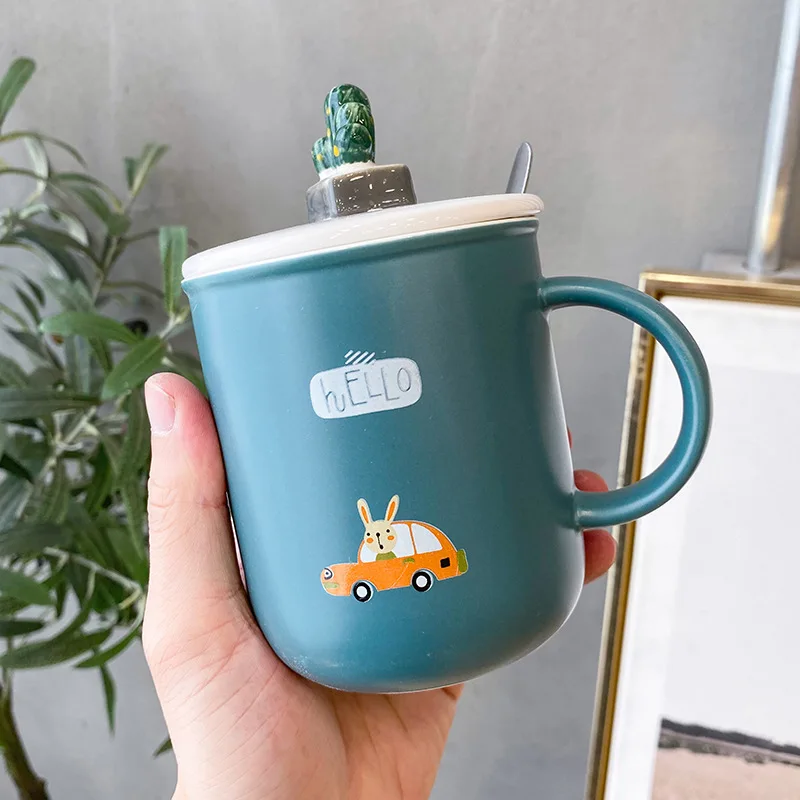 

Nordic Dark Green Ceramic Coffee Mug with Lid Spoon Creative Students Cartoon Office Water Cup Cute Cup Home Milk Breakfast Cup