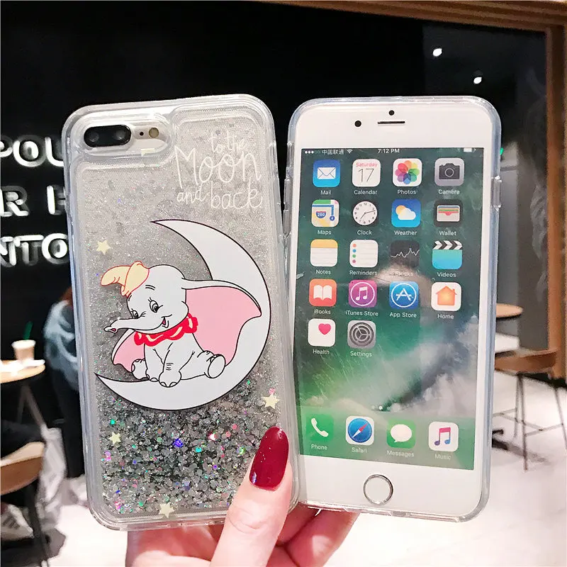 Милый мультфильм сыпучий песок с блестками Луна Dumbo телефон чехол для iphone Xs MAX XR X 6