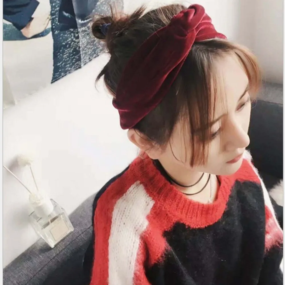 Женская бархатная повязка для волос эластичная резинка с узлом тюрбан простая на